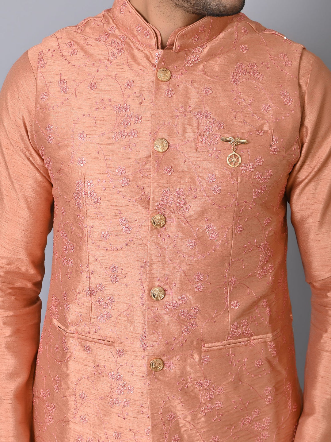 Woven Design Peach Jacket Kurta Set