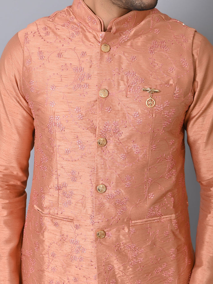 Woven Design Peach Jacket Kurta Set