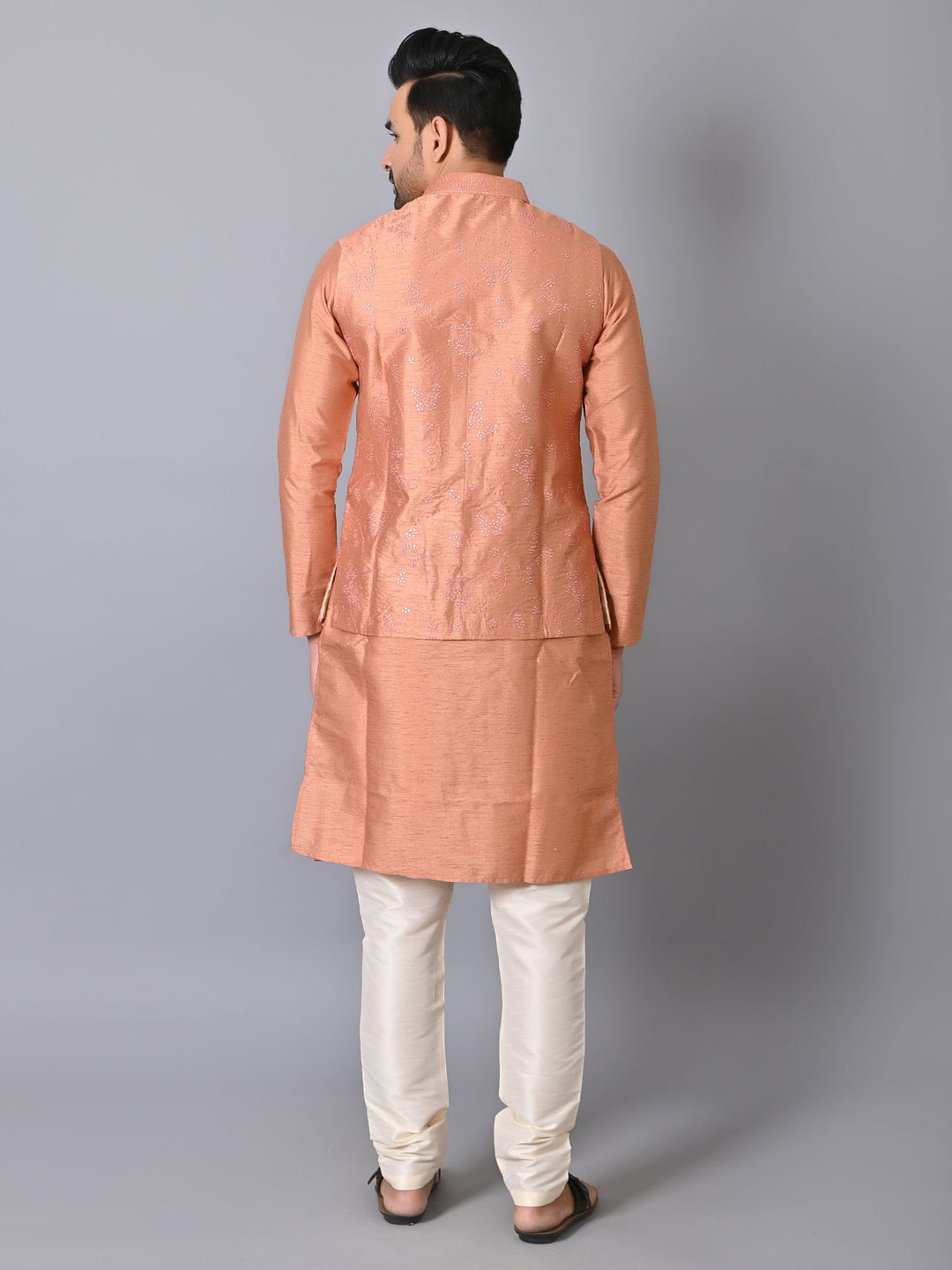 Woven Design Peach Jacket Kurta Set