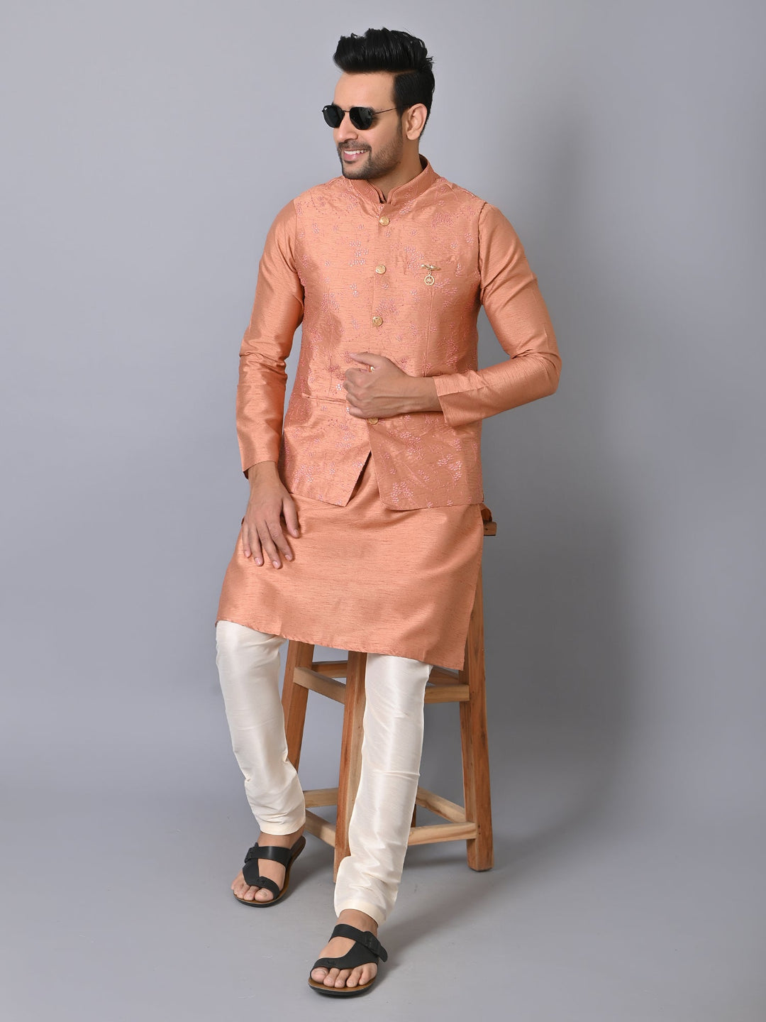 Woven Design Peach Jacket Kurta Set