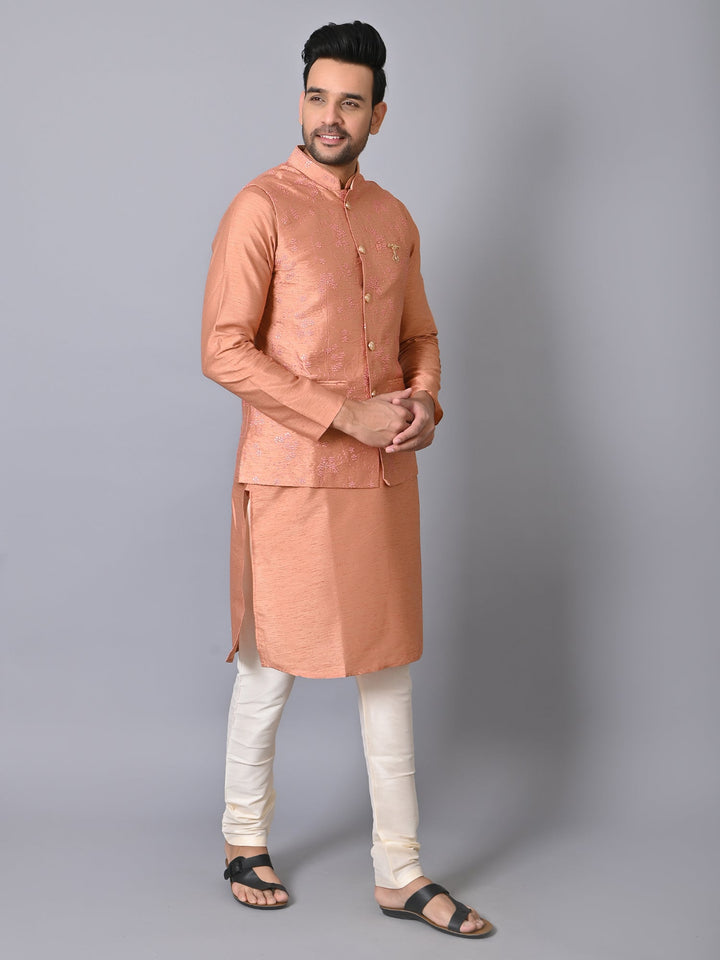 Woven Design Peach Jacket Kurta Set