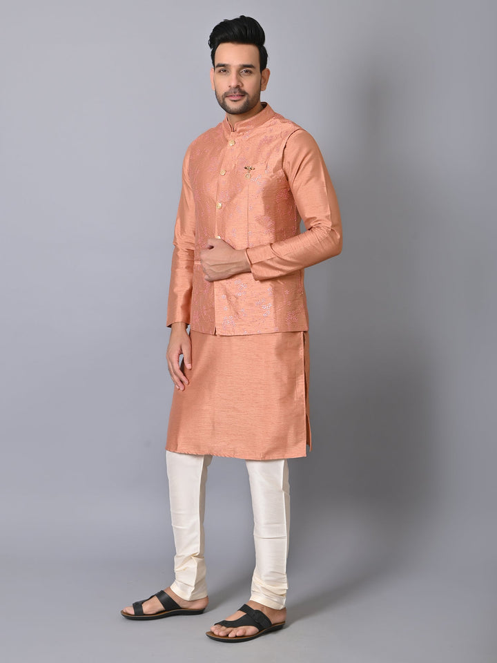 Woven Design Peach Jacket Kurta Set