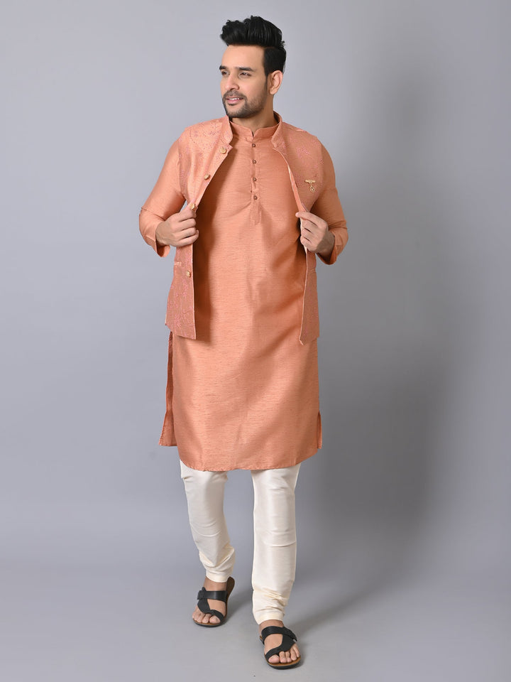 Woven Design Peach Jacket Kurta Set