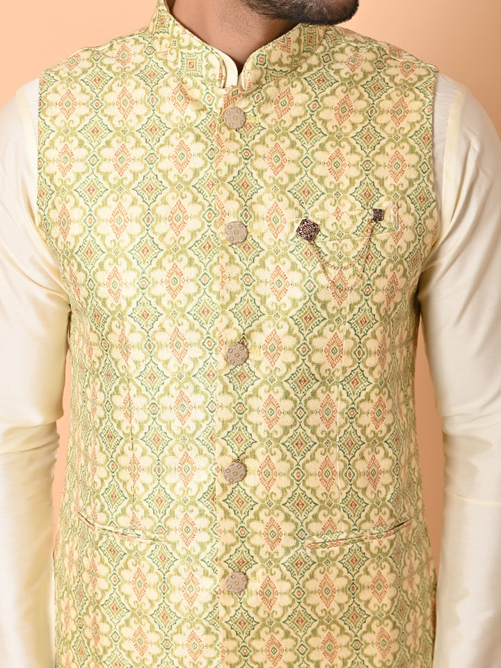 Ethnic Motifs Olive Jacket Kurta Set