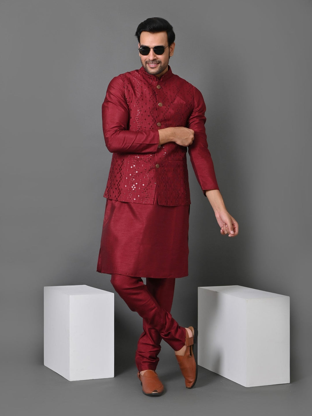 Sequence Maroon Jacket Kurta Set