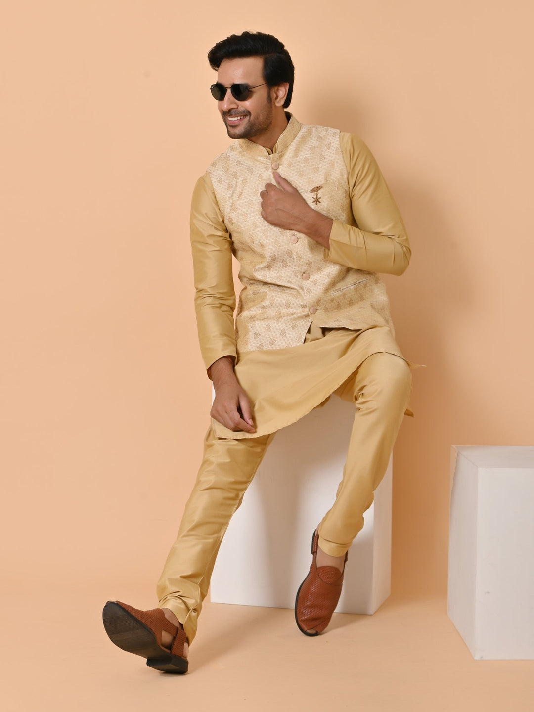 Ethnic Motifs Beige Jacket Kurta Set