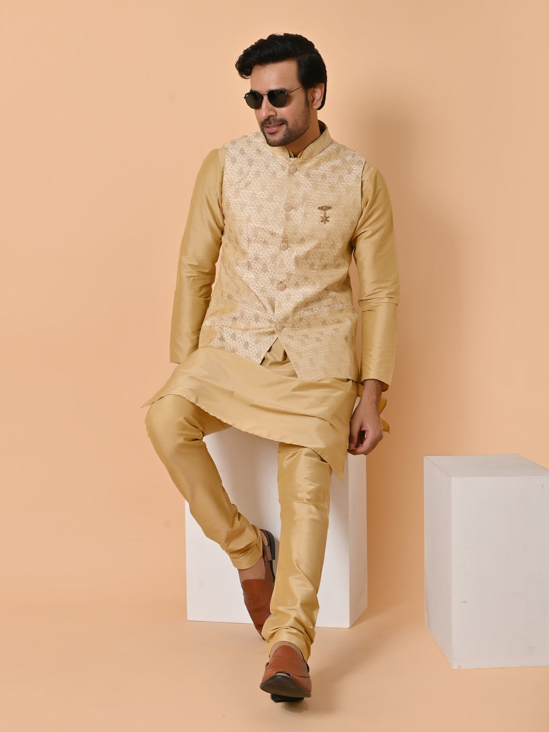 Ethnic Motifs Beige Jacket Kurta Set