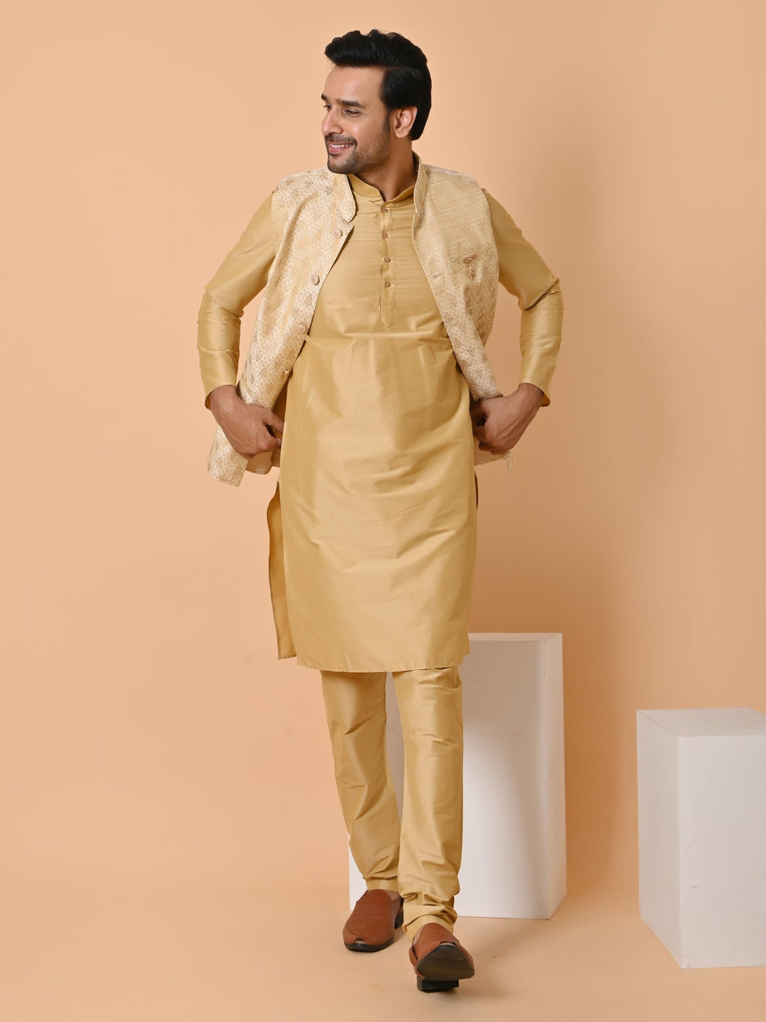 Ethnic Motifs Beige Jacket Kurta Set