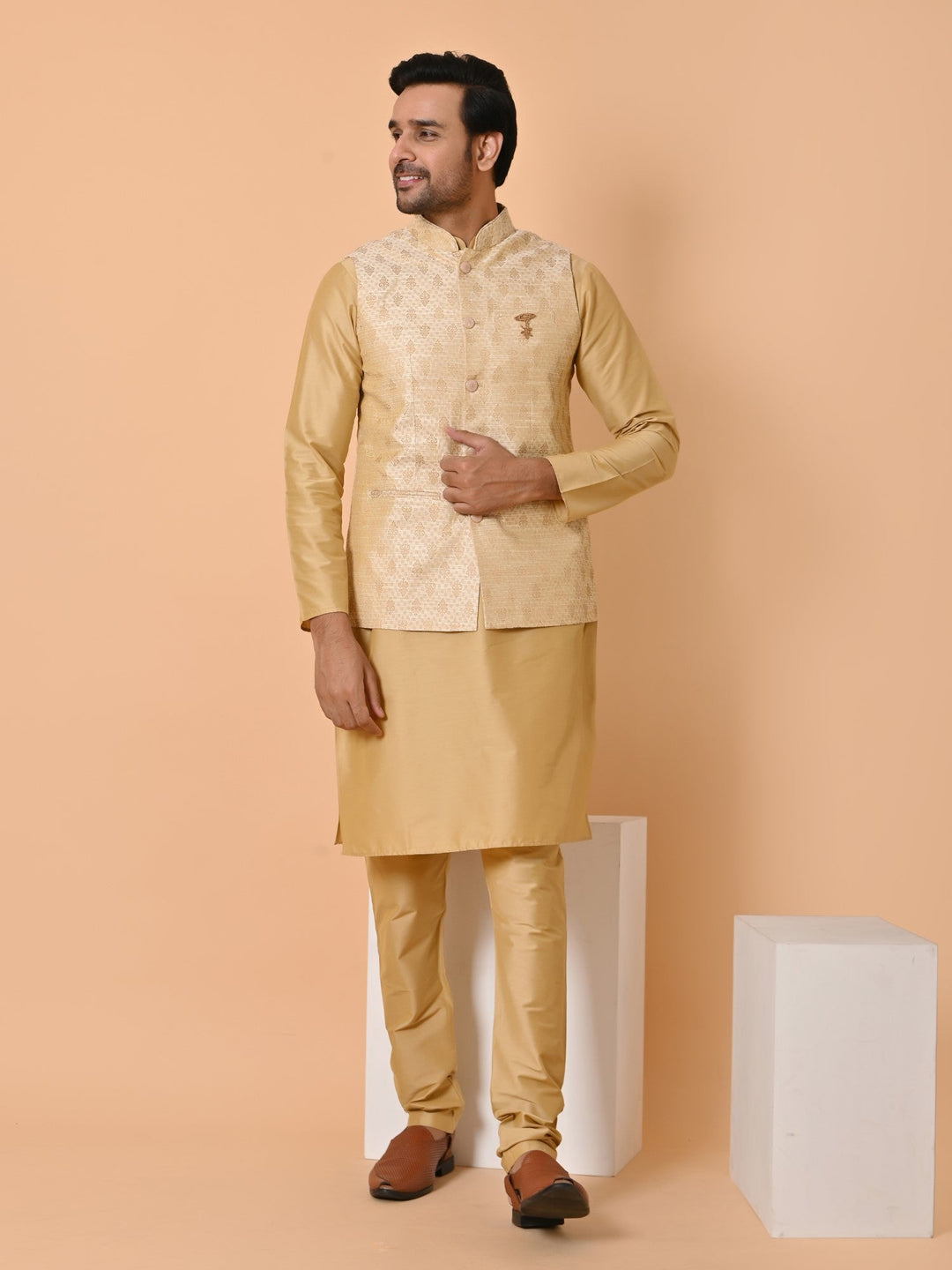 Ethnic Motifs Beige Jacket Kurta Set