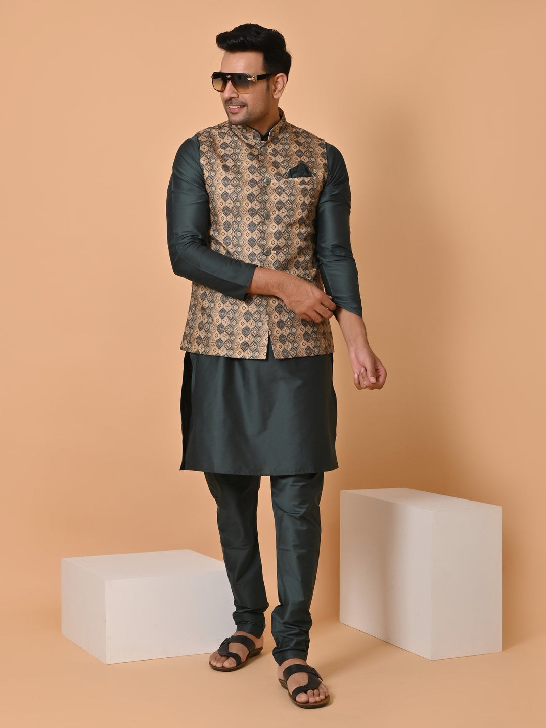 Abstract Green Jacket Kurta Set