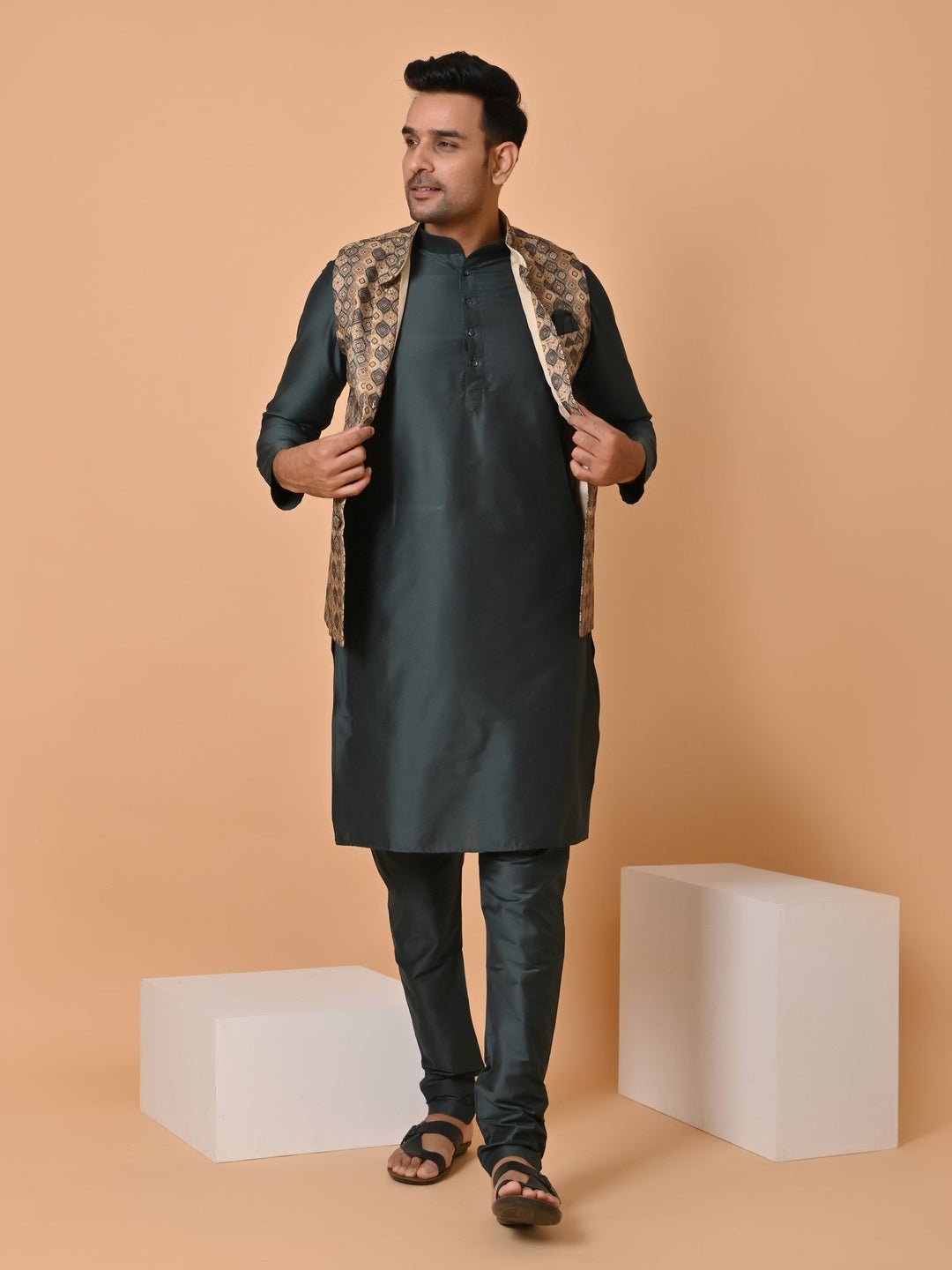 Abstract Green Jacket Kurta Set