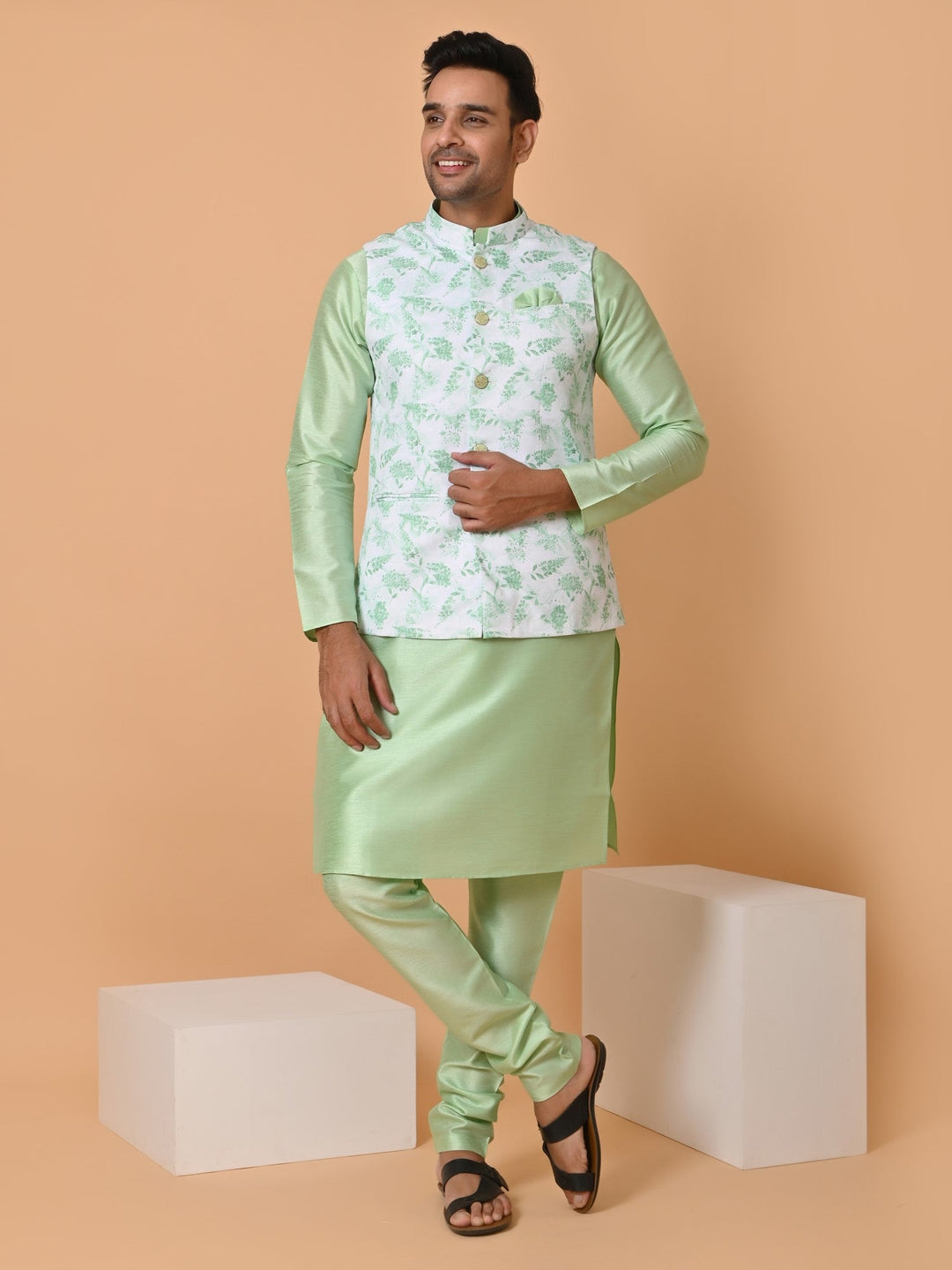 Floral Lime Green Jacket Kurta Set