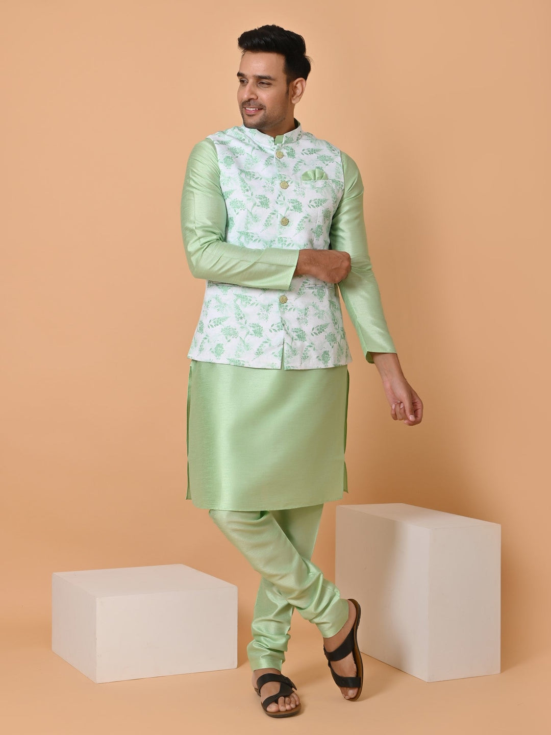 Floral Lime Green Jacket Kurta Set