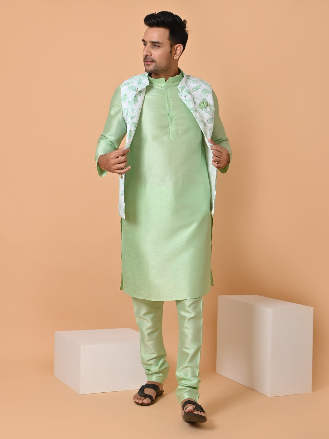 Floral Lime Green Jacket Kurta Set