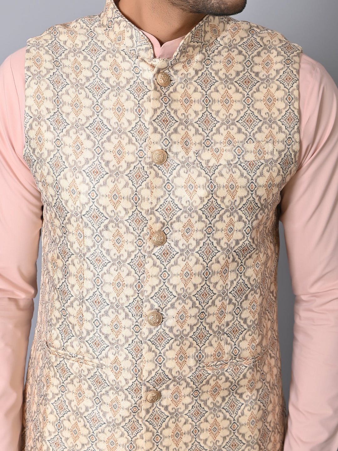 Ethnic Motifs Cream Jacket Kurta Set