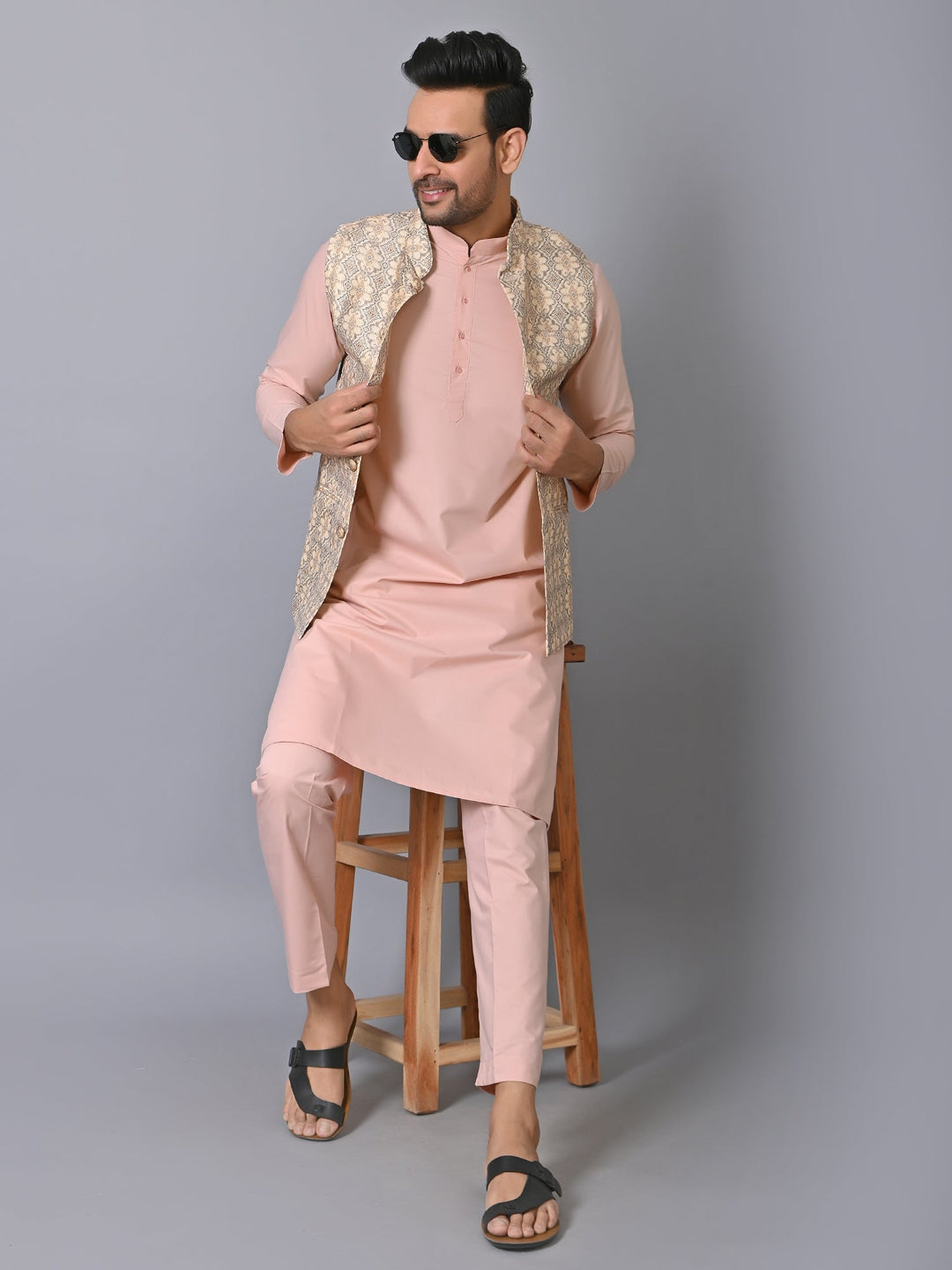 Ethnic Motifs Cream Jacket Kurta Set