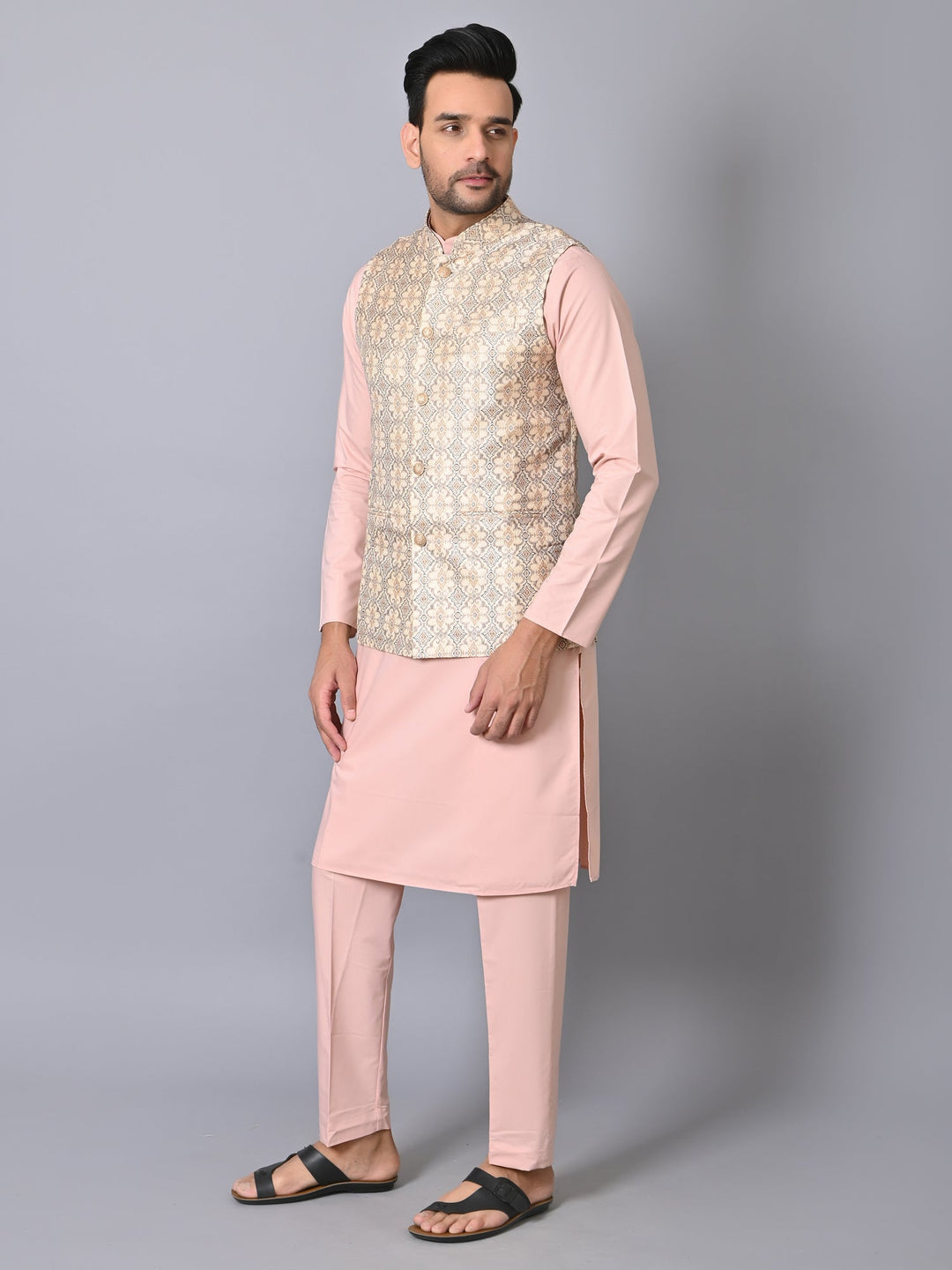 Ethnic Motifs Cream Jacket Kurta Set