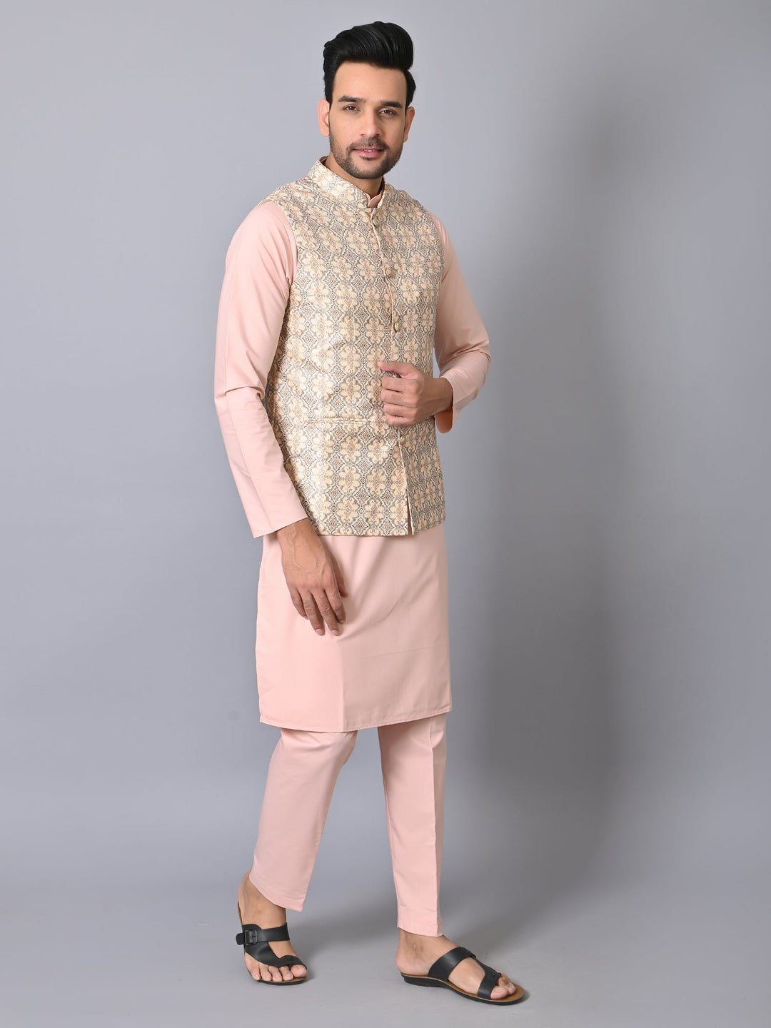 Ethnic Motifs Cream Jacket Kurta Set