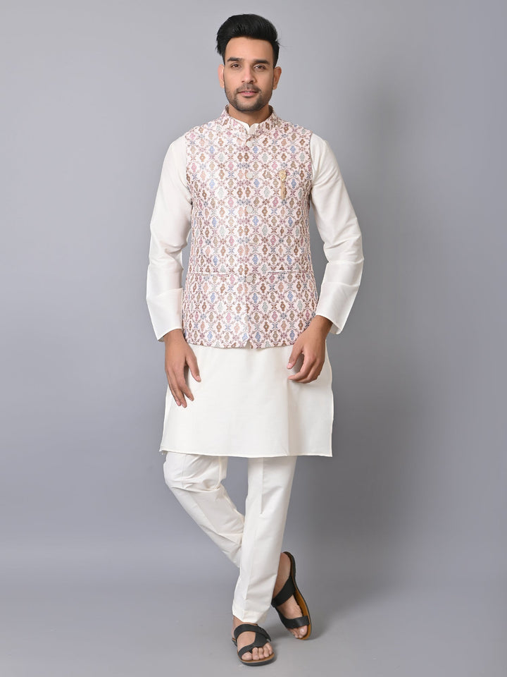 Ethnic Motifs Cream Jacket Kurta Set