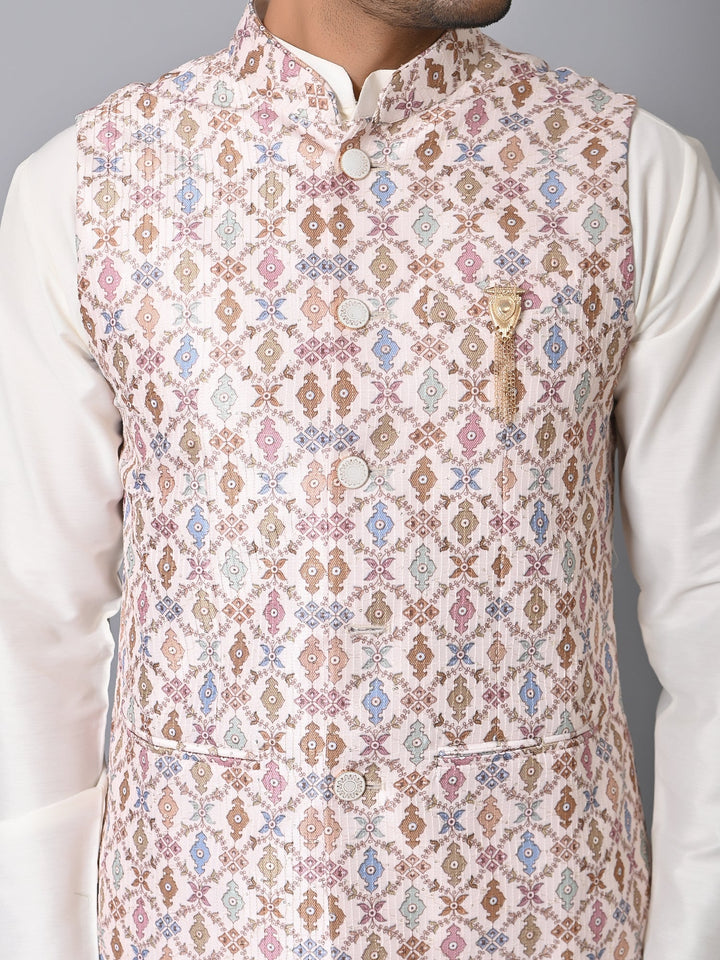 Ethnic Motifs Cream Jacket Kurta Set