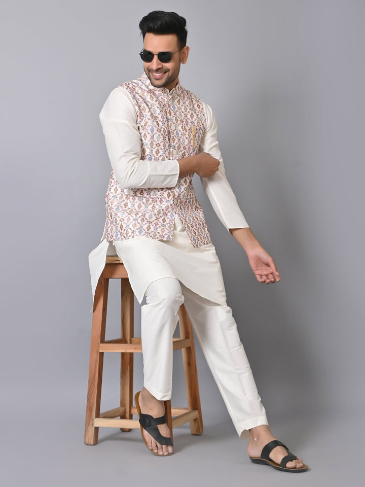 Ethnic Motifs Cream Jacket Kurta Set