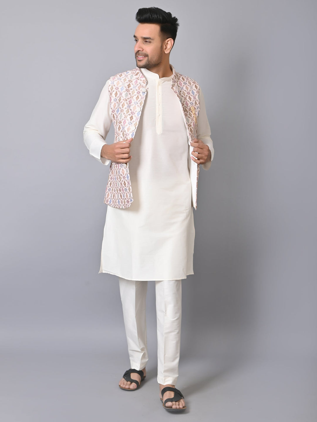 Ethnic Motifs Cream Jacket Kurta Set