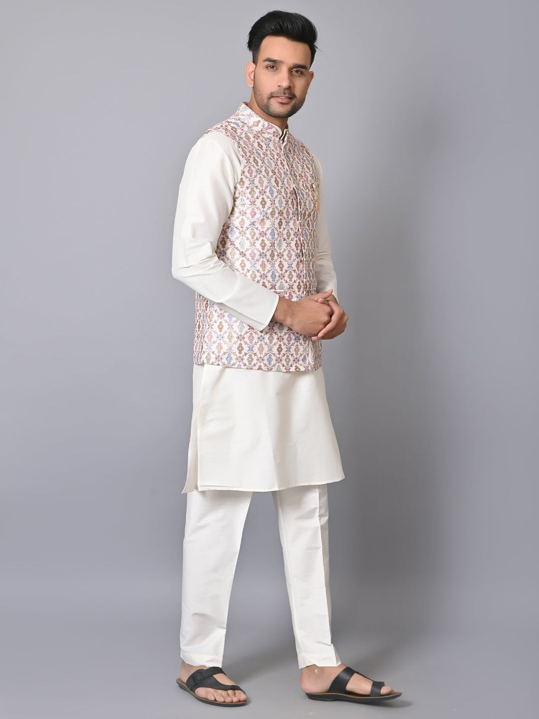 Ethnic Motifs Cream Jacket Kurta Set