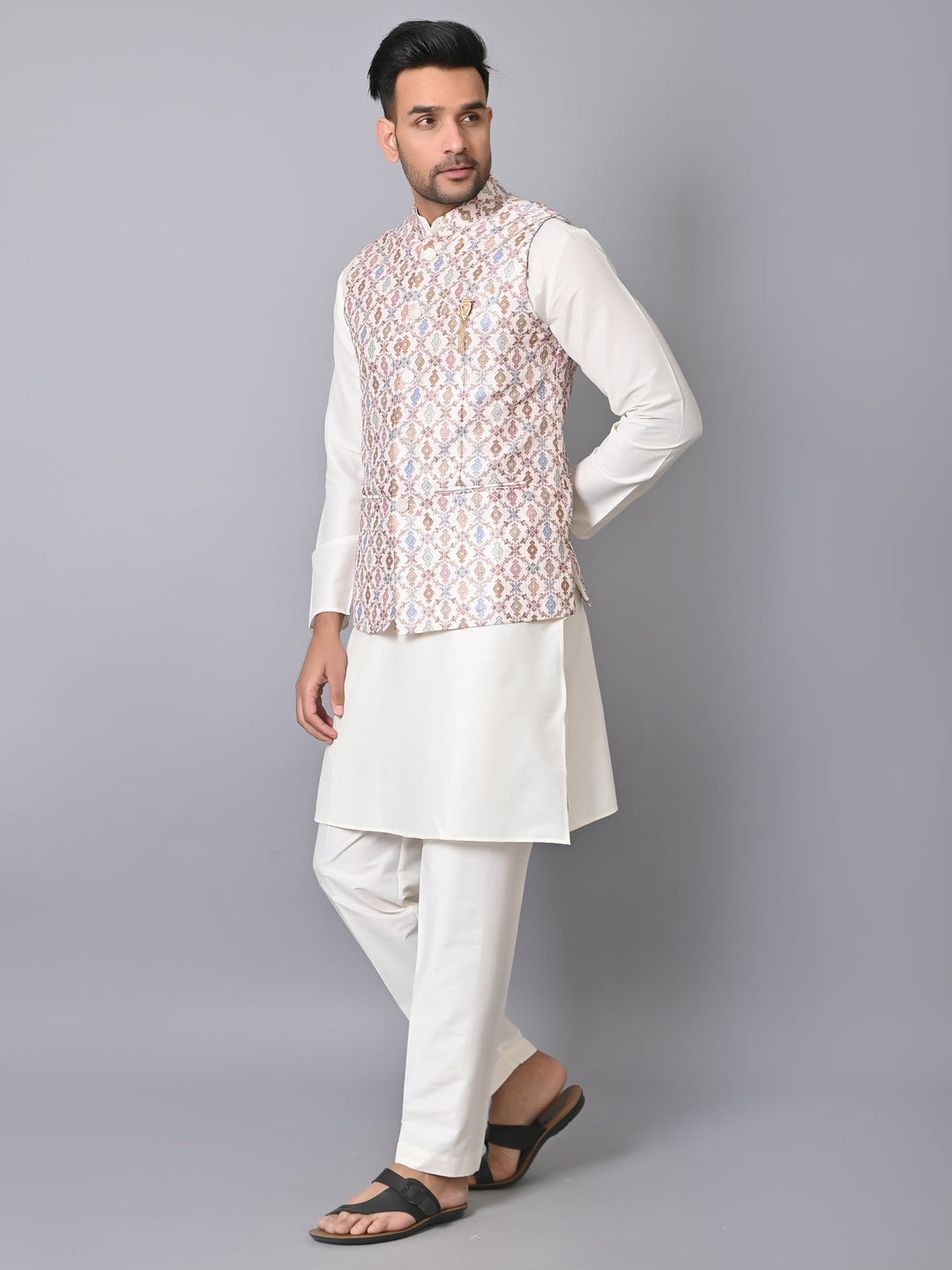 Ethnic Motifs Cream Jacket Kurta Set