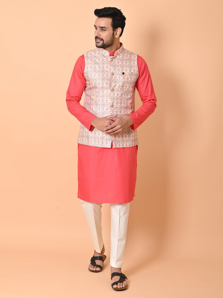 Ethnic Motifs Cream Jacket Kurta Set