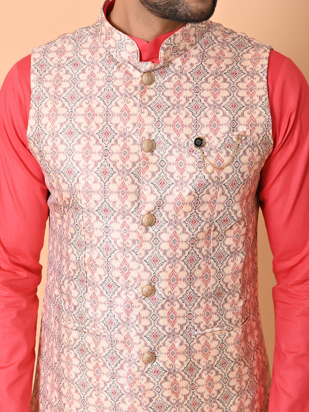 Ethnic Motifs Cream Jacket Kurta Set