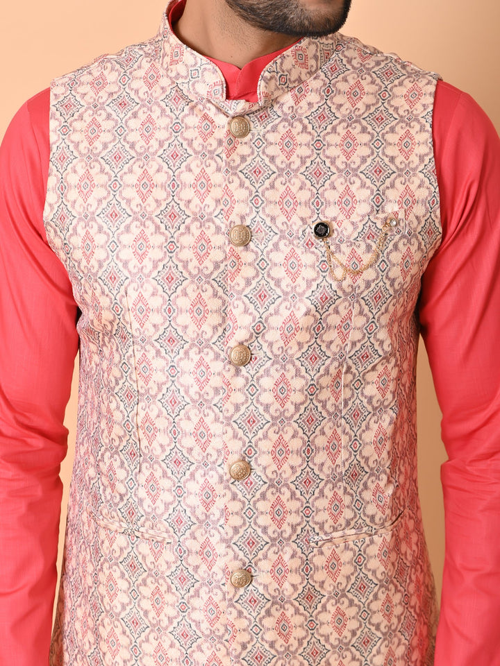 Ethnic Motifs Cream Jacket Kurta Set