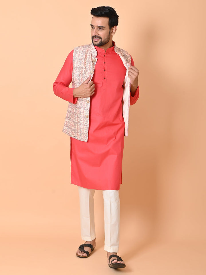 Ethnic Motifs Cream Jacket Kurta Set
