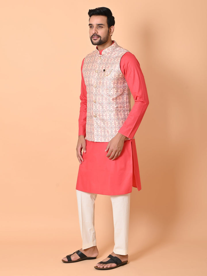 Ethnic Motifs Cream Jacket Kurta Set