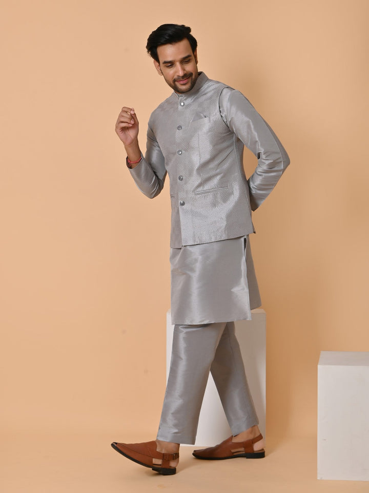 Geometric Grey Jacket Kurta Set