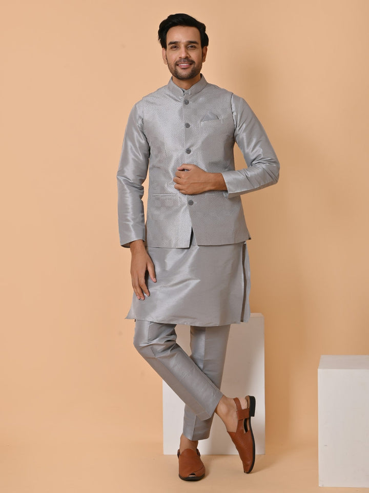 Geometric Grey Jacket Kurta Set