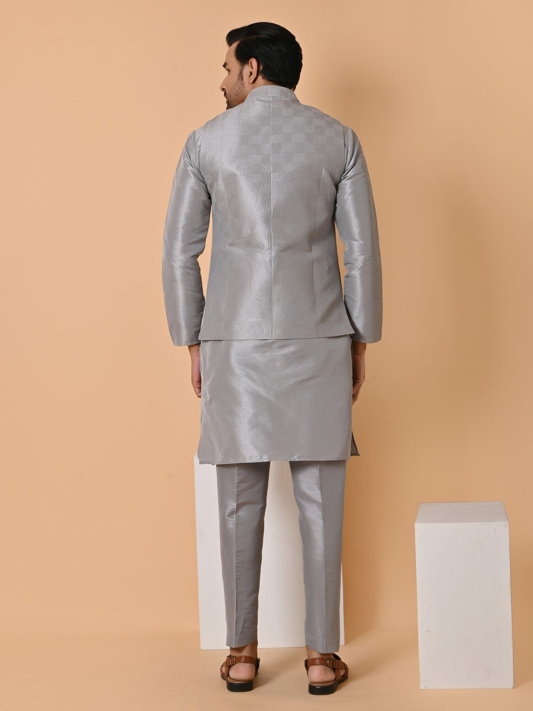 Geometric Grey Jacket Kurta Set