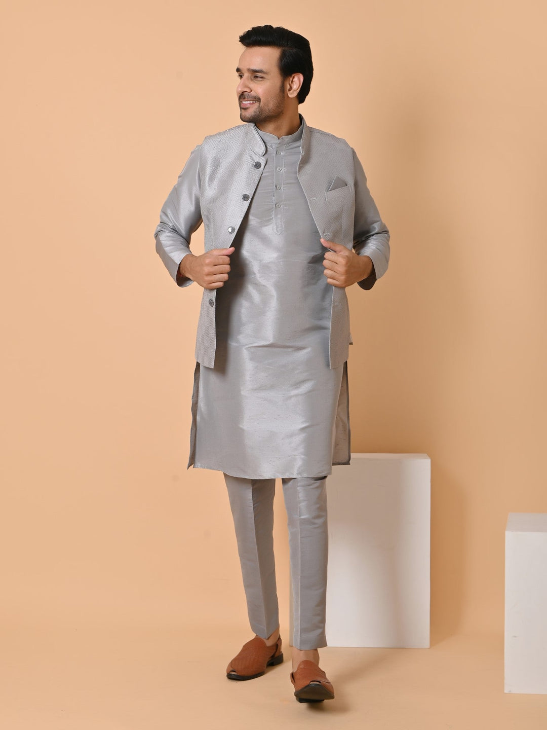 Geometric Grey Jacket Kurta Set