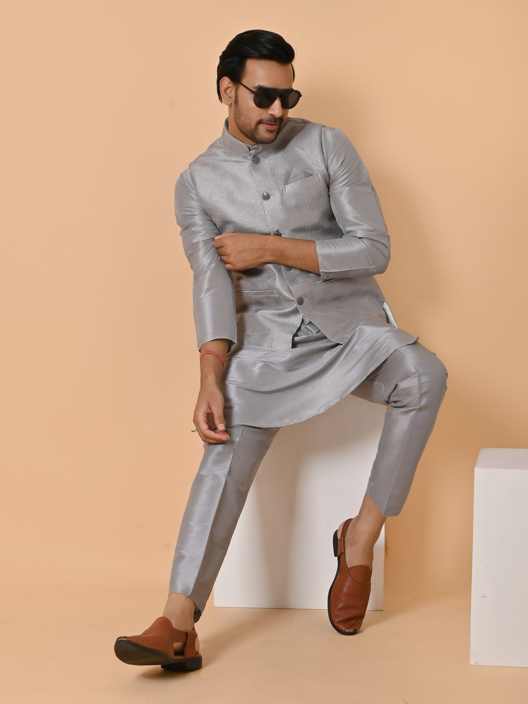 Geometric Grey Jacket Kurta Set