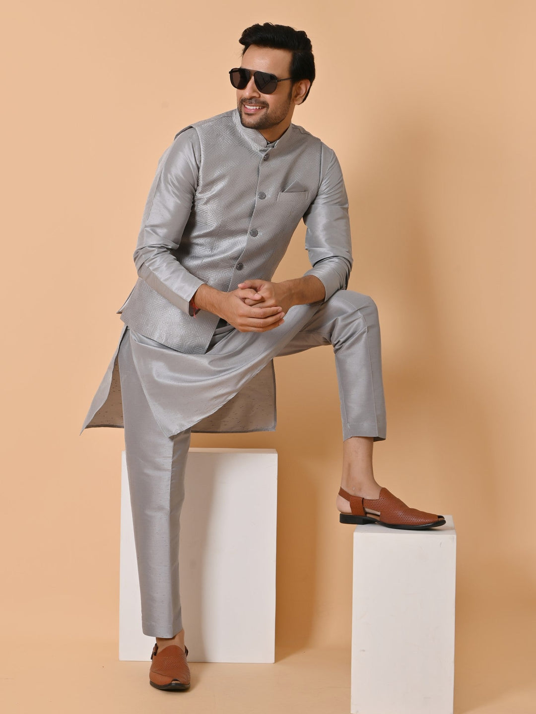 Geometric Grey Jacket Kurta Set