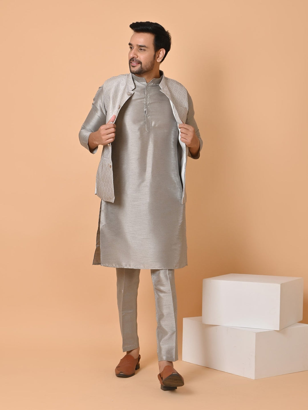 Geometric Grey Jacket Kurta Set