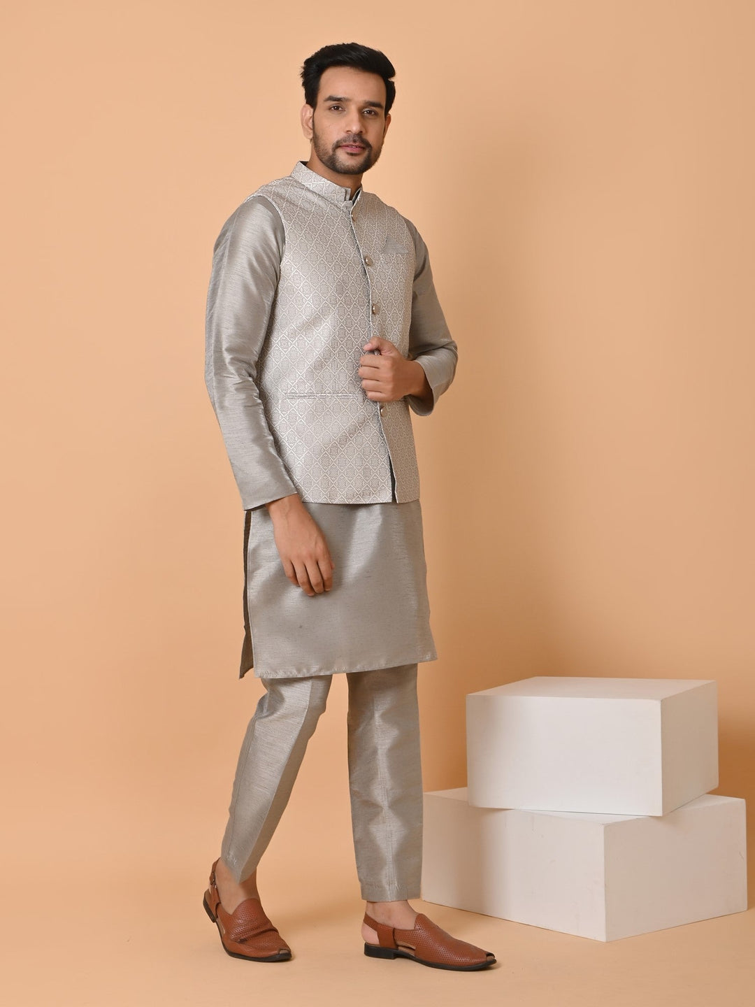 Geometric Grey Jacket Kurta Set