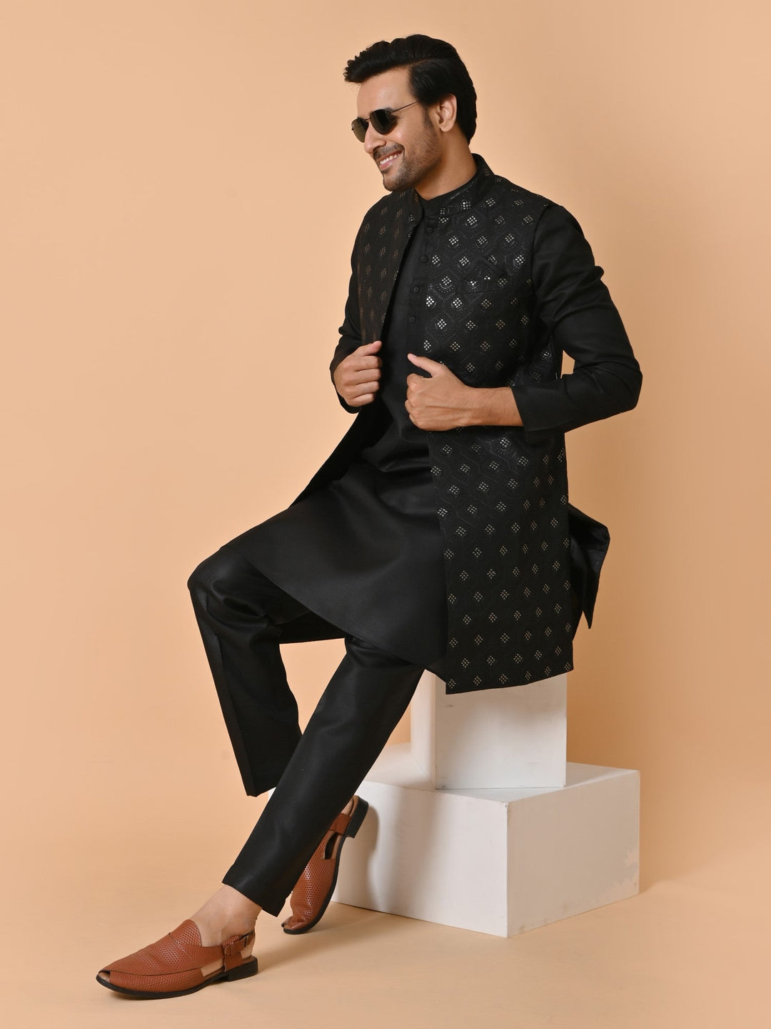 Sequence Black Long Jacket Kurta Set