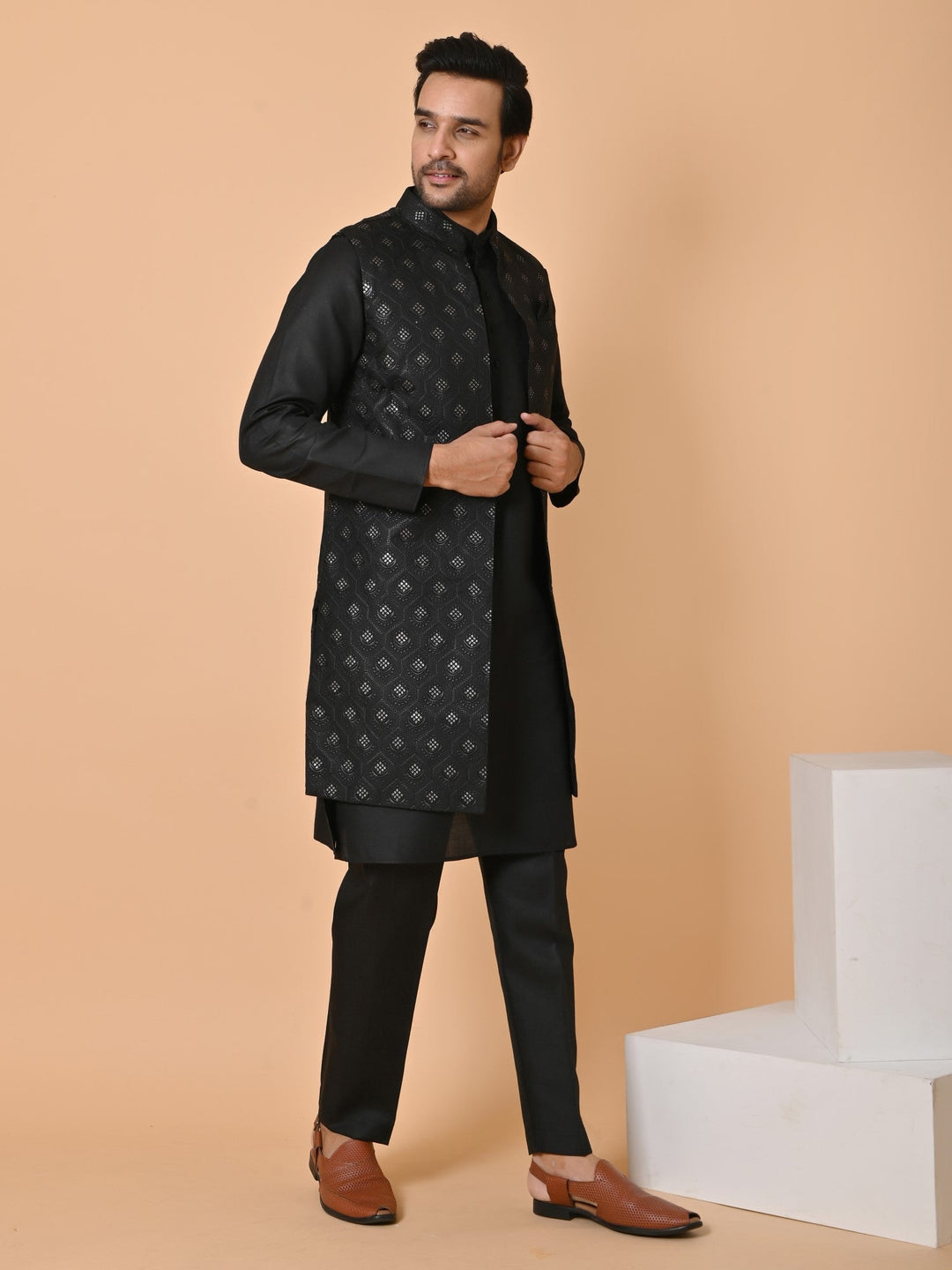 Sequence Black Long Jacket Kurta Set