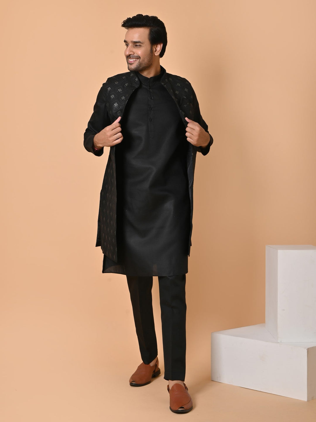 Sequence Black Long Jacket Kurta Set