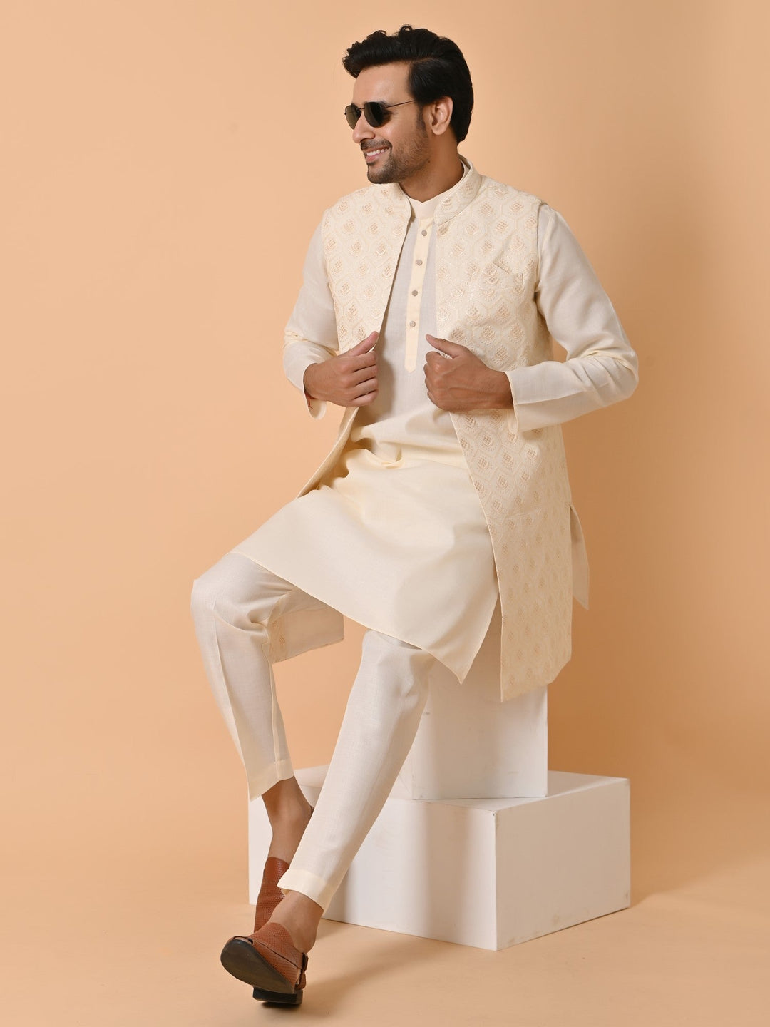 Sequence Cream Long Jacket Kurta Set