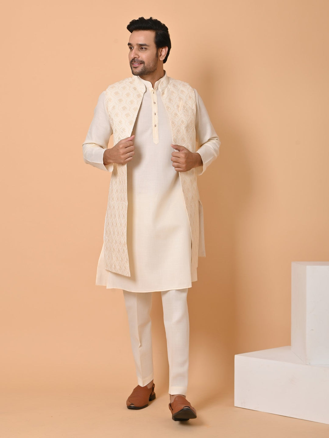 Sequence Cream Long Jacket Kurta Set