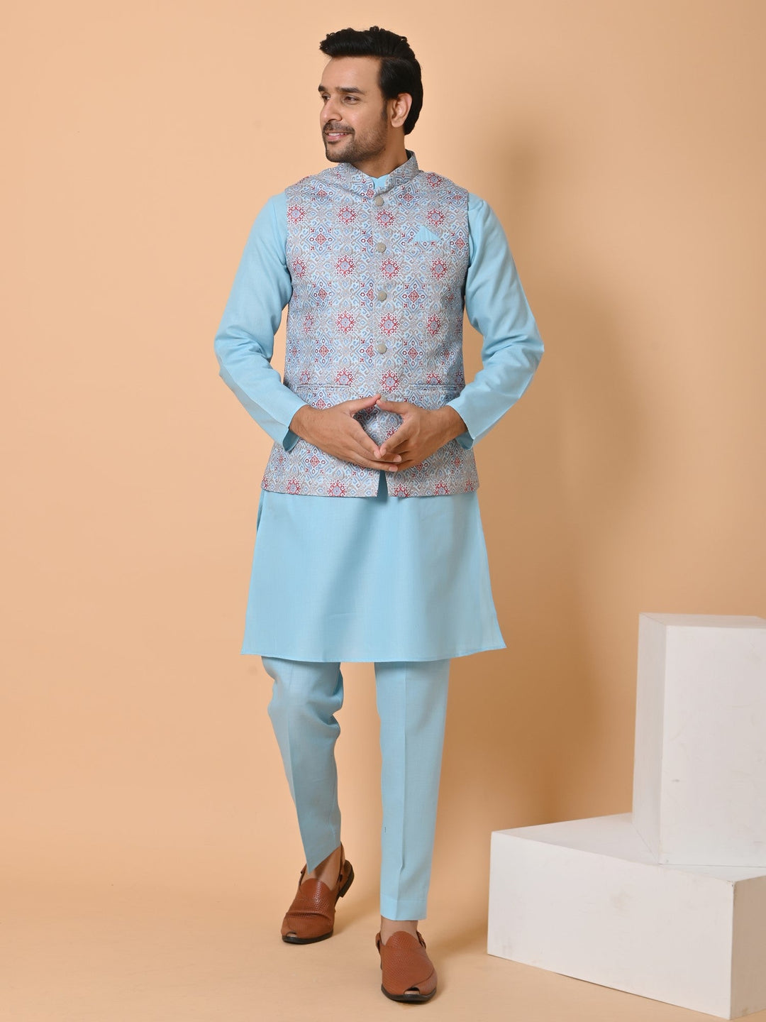 Geometric Blue Jacket Kurta Set