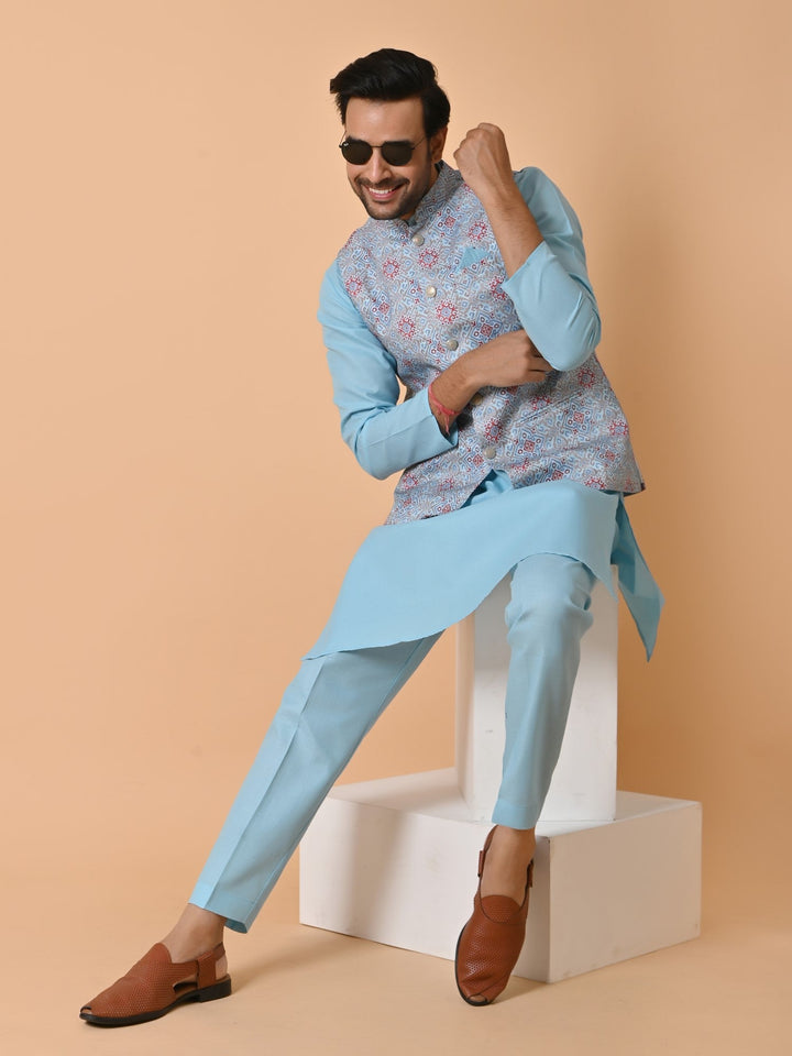 Geometric Blue Jacket Kurta Set