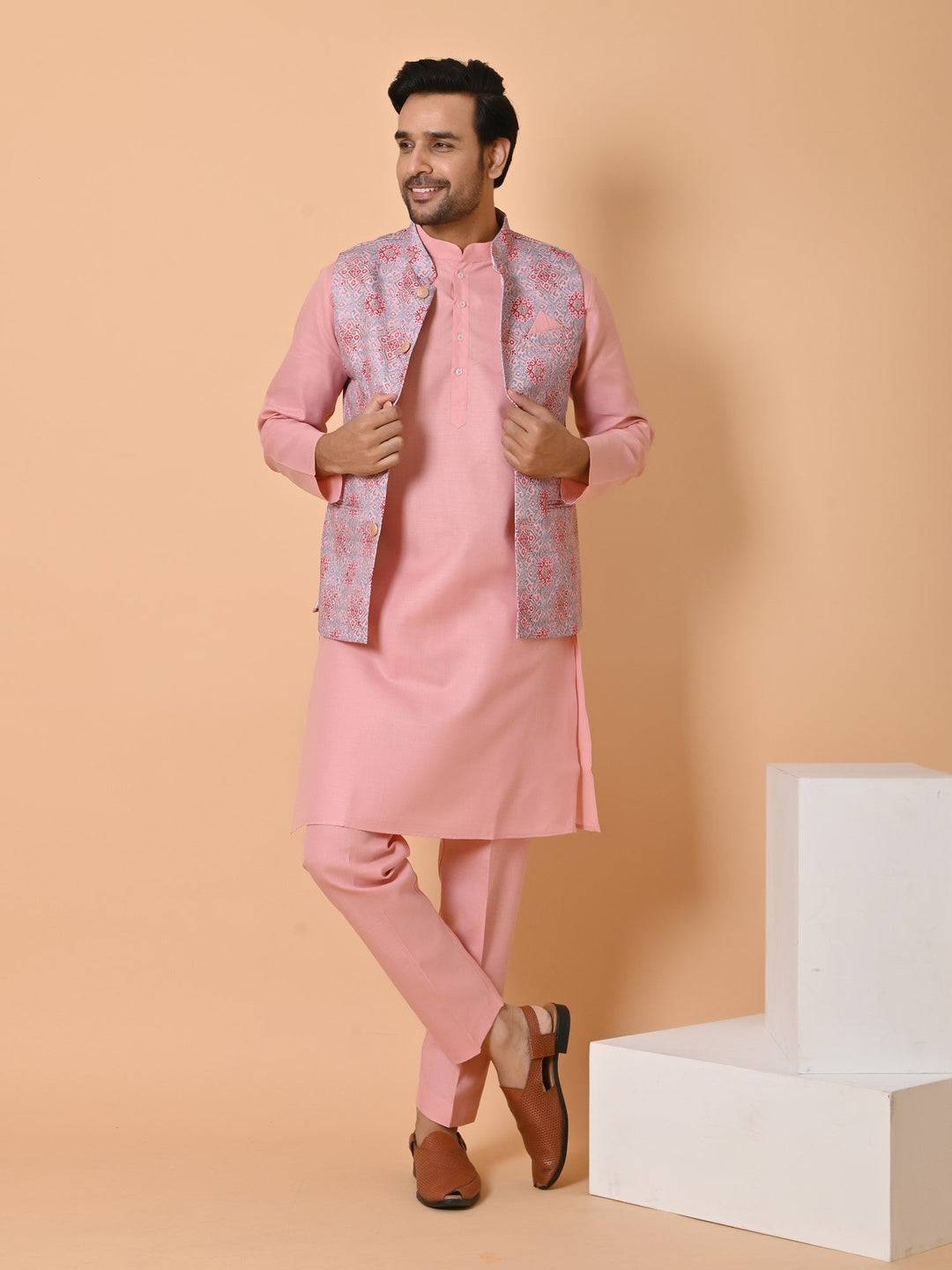 Geometric Pink Jacket Kurta Set