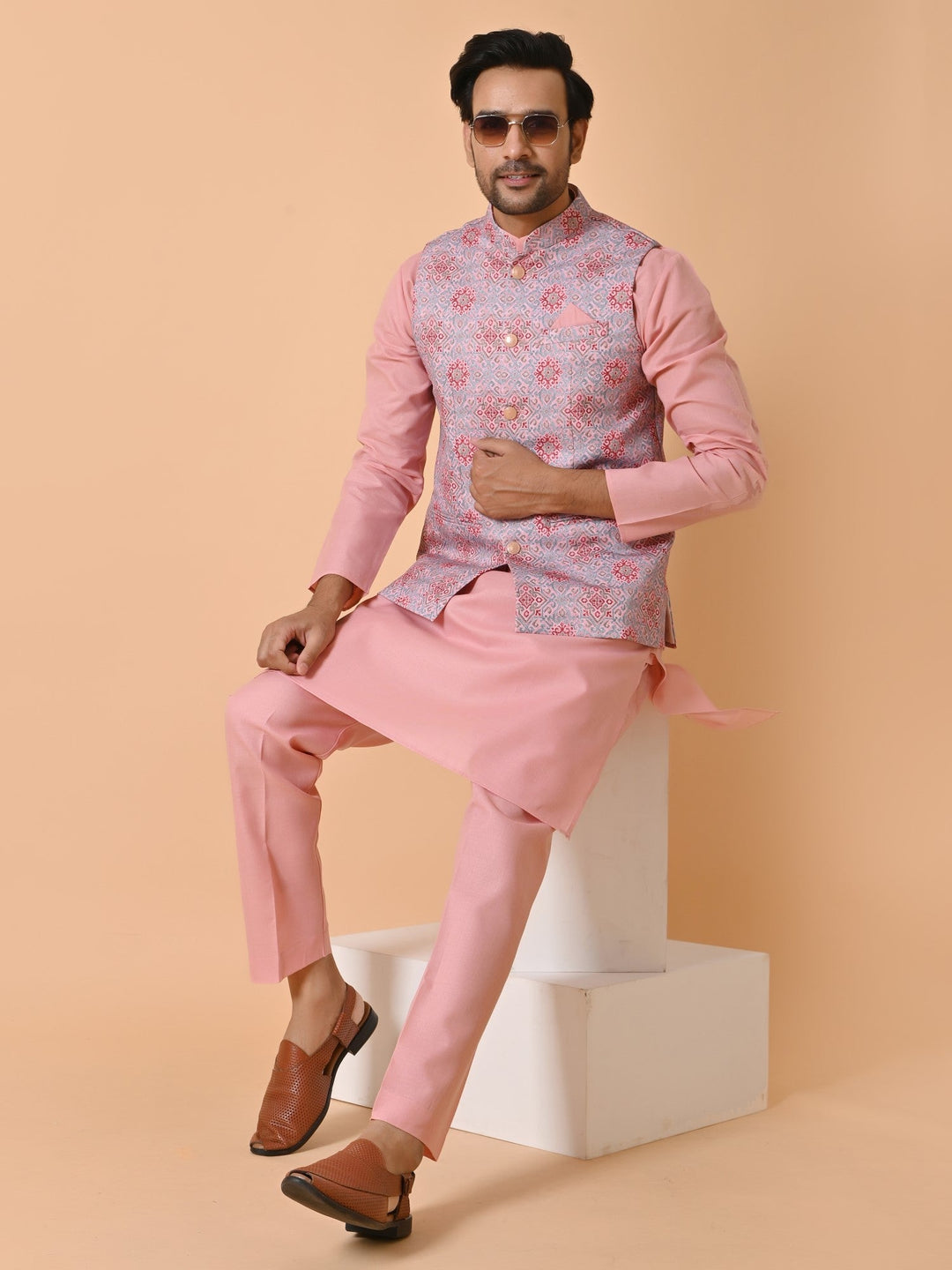 Geometric Pink Jacket Kurta Set